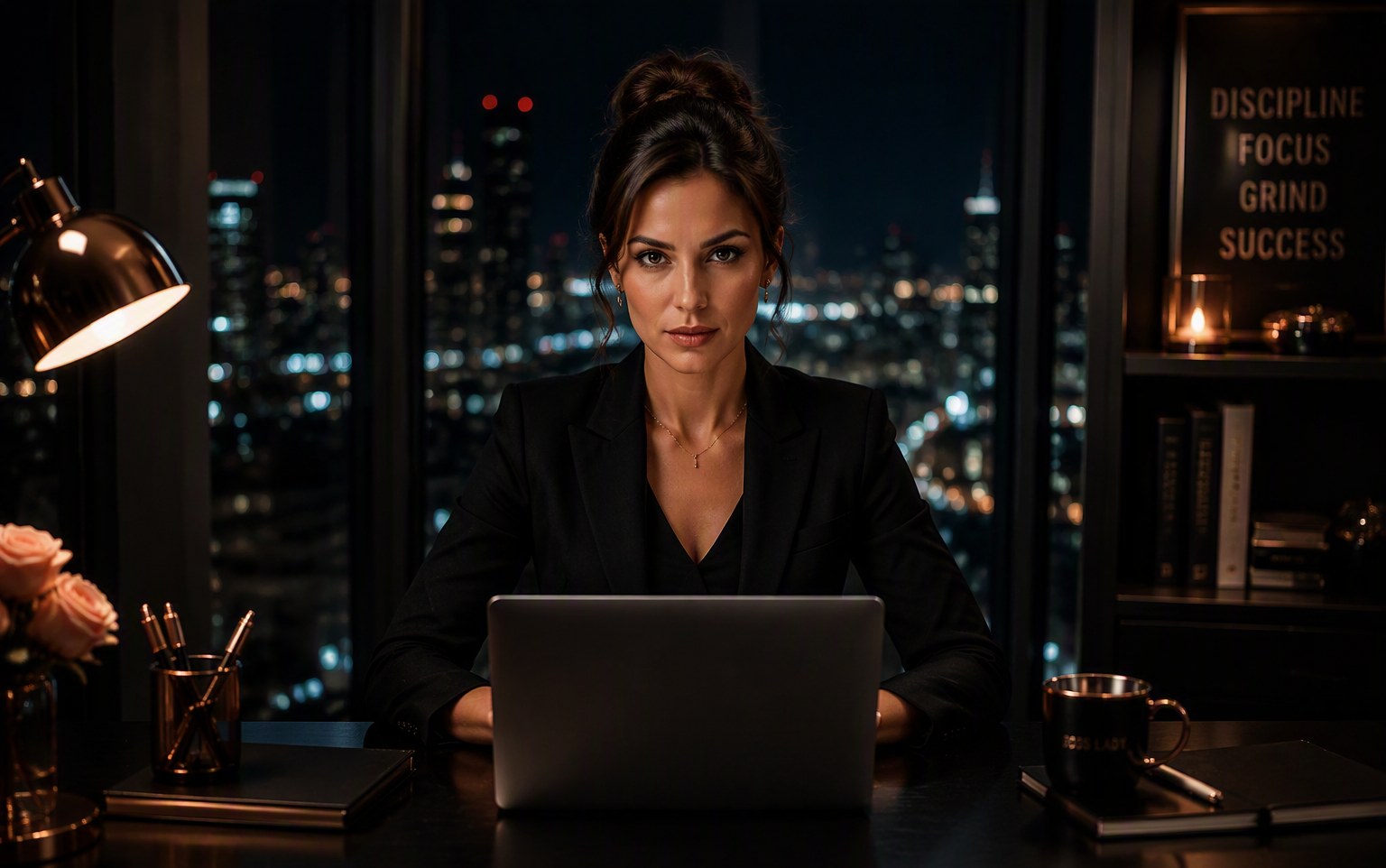 Frau arbeitet fokussiert am Laptop